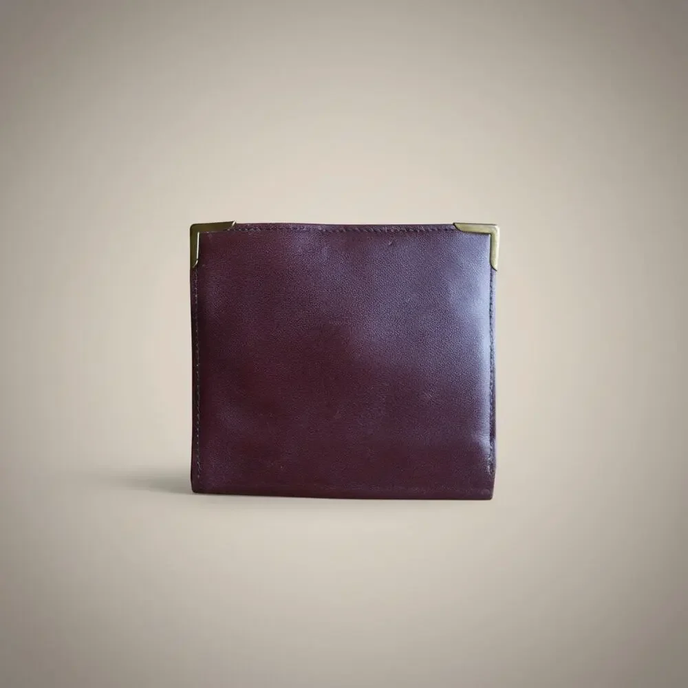 Vintage Burgundy Leather Wallet Brass Corner Guards Coin Purse ID Window